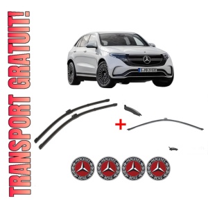Set 3 stergatoare MERCEDES-BENZ EQC (N293) din 2019 - 2023, pentru parbriz si luneta fata si spate auto, Valeo Silencio, din cauciuc siliconat rezistent, 4 Stickere Auto MERCEDES-BENZ