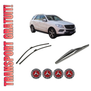 Set 3 stergatoare MERCEDES-BENZ M-CLASS (W166) din 2011-2015, pentru parbriz si luneta fata si spate auto, Bosch Twin-Aerotwin, din cauciuc siliconat rezistent, 4 Stickere Auto MERCEDES-BENZ
