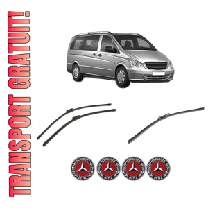 Set 3 stergatoare MERCEDES-BENZ VITO Bus (W639) din 2003-2014, pentru parbriz si luneta fata si spate auto, Bosch Aerotwin-Aerotwin, din cauciuc siliconat rezistent, 4 Stickere Auto MERCEDES-BENZ