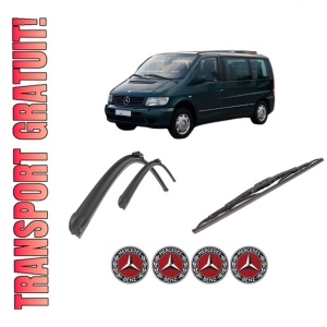 Set 3 stergatoare MERCEDES-BENZ VITO Van (W638) din 1997-2003, pentru parbriz si luneta fata si spate auto, Bosch Twin-Aerotwin Retro Truck, din cauciuc siliconat rezistent, 4 Stickere Auto MERCEDES-BENZ