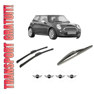 Set 3 stergatoare MINI MINI (R50, R53) din 2001-2006, pentru parbriz si luneta fata si spate auto, Bosch Twin-Aerotwin Retrofit, din cauciuc siliconat rezistent, 4 Stickere Auto MINI