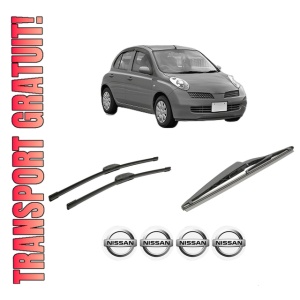 Set 3 stergatoare NISSAN MICRA III (K12) din 2002-2010, pentru parbriz si luneta fata si spate auto, Bosch Twin-Aerotwin Retrofit, din cauciuc siliconat rezistent, 4 Stickere Auto NISSAN