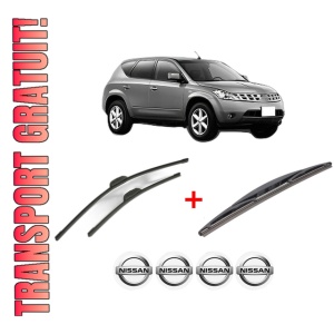 Set 3 stergatoare NISSAN MURANO I (Z50) din 2003 - 2008, pentru parbriz si luneta fata si spate auto, Bosch Twin, din cauciuc siliconat rezistent, 4 Stickere Auto NISSAN