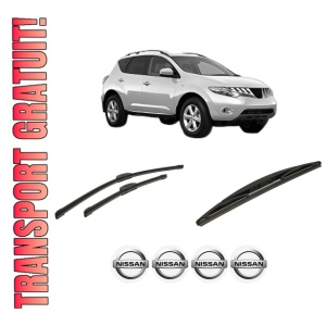 Set 3 stergatoare NISSAN MURANO II (Z51) din 2008-2014, pentru parbriz si luneta fata si spate auto, Bosch Twin-Aerotwin Retrofit, din cauciuc siliconat rezistent, 4 Stickere Auto NISSAN