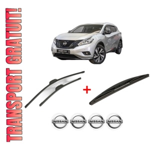 Set 3 stergatoare NISSAN MURANO III (Z52_) din 2016, pentru parbriz si luneta fata si spate auto, Bosch Twin, din cauciuc siliconat rezistent, 4 Stickere Auto NISSAN