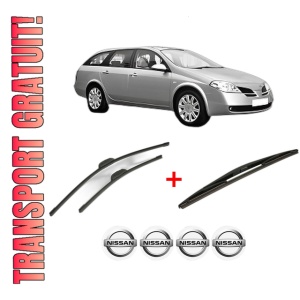 Set 3 stergatoare NISSAN PRIMERA Estate (WP12) din 2002 - 2007, pentru parbriz si luneta fata si spate auto, Bosch Twin, din cauciuc siliconat rezistent, 4 Stickere Auto NISSAN