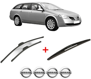 Set 3 stergatoare NISSAN PRIMERA Estate (WP12) din 2002 - 2007, pentru parbriz si luneta fata si spate auto, Bosch Twin, din cauciuc siliconat rezistent, 4 Stickere Auto NISSAN v7769