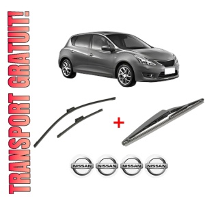 Set 3 stergatoare NISSAN PULSAR Hatchback (C13) din 2012, pentru parbriz si luneta fata si spate auto, Bosch Twin, din cauciuc siliconat rezistent, 4 Stickere Auto NISSAN