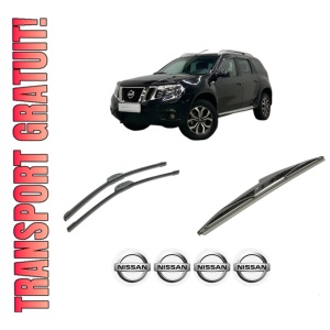 Set 3 stergatoare NISSAN TERRANO (D10) din 2014-2015, pentru parbriz si luneta fata si spate auto, Bosch Twin-Aerotwin Retrofit, din cauciuc siliconat rezistent, 4 Stickere Auto NISSAN