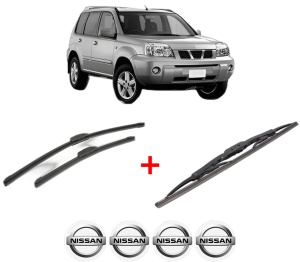 Set 3 stergatoare NISSAN X-TRAIL I (T30) din 2001 - 2013, pentru parbriz si luneta fata si spate auto, Bosch Twin, din cauciuc siliconat rezistent, 4 Stickere Auto NISSAN v9689