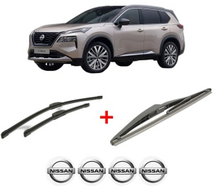 Set 3 stergatoare NISSAN X-TRAIL IV (T33) din 2022, pentru parbriz si luneta fata si spate auto, Bosch Twin, din cauciuc siliconat rezistent, 4 Stickere Auto NISSAN v7409