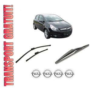 Set 3 stergatoare OPEL CORSA D (S07) din 2006-2014, pentru parbriz si luneta fata si spate auto, Bosch Twin-Aerotwin Multi, din cauciuc siliconat rezistent, 4 Stickere Auto OPEL