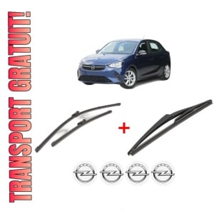 Set 3 stergatoare OPEL CORSA F Hatchback Van din 2019, pentru parbriz si luneta fata si spate auto, Valeo Silencio, din cauciuc siliconat rezistent, 4 Stickere Auto OPEL