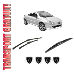 Set 3 stergatoare PEUGEOT 206 CC (2D) din 2000-2007, pentru parbriz si luneta fata si spate auto, Bosch Twin-Aerotwin Retrofit, din cauciuc siliconat rezistent, 4 Stickere Auto PEUGEOT