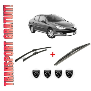 Set 3 stergatoare PEUGEOT 206 Saloon din 2007, pentru parbriz si luneta fata si spate auto, Bosch Twin, din cauciuc siliconat rezistent, 4 Stickere Auto PEUGEOT
