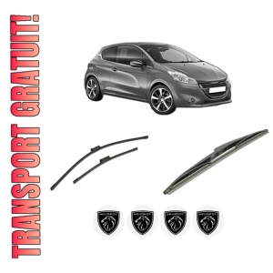 Set 3 stergatoare PEUGEOT 208 I (CA_, CC_) din 2012-2019, pentru parbriz si luneta fata si spate auto, Bosch Twin-Aerotwin, din cauciuc siliconat rezistent, 4 Stickere Auto PEUGEOT