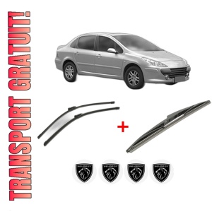 Set 3 stergatoare PEUGEOT 307 Saloon din 2006 - 2012, pentru parbriz si luneta fata si spate auto, Bosch Twin, din cauciuc siliconat rezistent, 4 Stickere Auto PEUGEOT