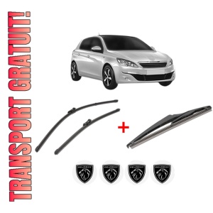 Set 3 stergatoare PEUGEOT 308 Hatchback Van (LB_) din 2015 - 2021, pentru parbriz si luneta fata si spate auto, Valeo Silencio, din cauciuc siliconat rezistent, 4 Stickere Auto PEUGEOT