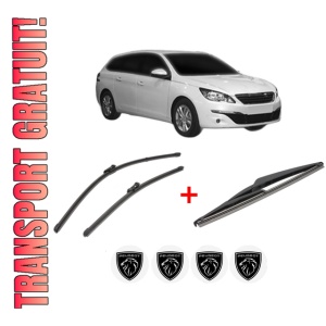 Set 3 stergatoare PEUGEOT 308 SW II Estate Van (LC_) din 2014 - 2021, pentru parbriz si luneta fata si spate auto, Valeo Silencio, din cauciuc siliconat rezistent, 4 Stickere Auto PEUGEOT