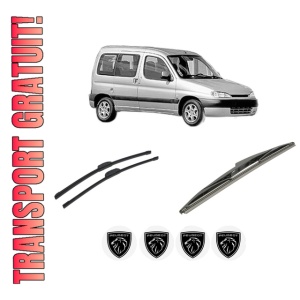Set 3 stergatoare PEUGEOT PARTNER MPV (5_, G_) din 1996-2015, pentru parbriz si luneta fata si spate auto, Bosch Twin-Aerotwin Retrofit, din cauciuc siliconat rezistent, 4 Stickere Auto PEUGEOT