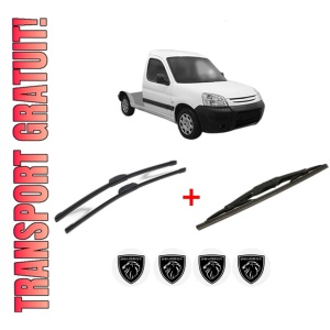 Set 3 stergatoare PEUGEOT PARTNER Platform/Chassis (5_, G_) din 1997 - 2008, pentru parbriz si luneta fata si spate auto, Bosch Twin, din cauciuc siliconat rezistent, 4 Stickere Auto PEUGEOT
