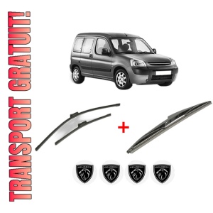 Set 3 stergatoare PEUGEOT PARTNER TEPEE din 2008 - 2018, pentru parbriz si luneta fata si spate auto, Bosch Twin, din cauciuc siliconat rezistent, 4 Stickere Auto PEUGEOT