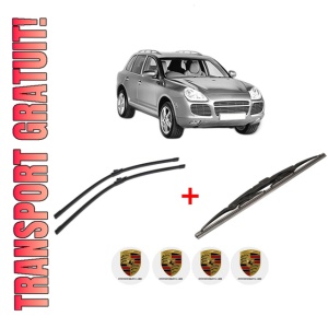 Set 3 stergatoare PORSCHE CAYENNE (9PA) din 2002 - 2010, pentru parbriz si luneta fata si spate auto, Bosch Twin, din cauciuc siliconat rezistent, 4 Stickere Auto PORSCHE