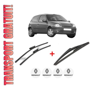 Set 3 stergatoare RENAULT CLIO II (BB_, CB_) din 1998 - 2016, pentru parbriz si luneta fata si spate auto, Valeo Silencio, din cauciuc siliconat rezistent, 4 Stickere Auto RENAULT