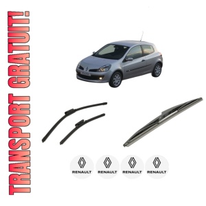 Set 3 stergatoare RENAULT CLIO III (BR0/1, CR0/1) din 2005-2014, pentru parbriz si luneta fata si spate auto, Bosch Twin-Aerotwin, din cauciuc siliconat rezistent, 4 Stickere Auto RENAULT