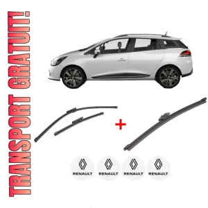 Set 3 stergatoare RENAULT CLIO IV Estate Van (KH_) din 2014 - 2021, pentru parbriz si luneta fata si spate auto, Valeo Silencio, din cauciuc siliconat rezistent, 4 Stickere Auto RENAULT
