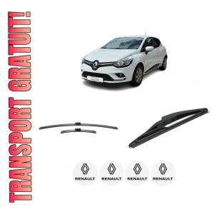 Set 3 stergatoare RENAULT CLIO V (B7_) din 2019-2022, pentru parbriz si luneta fata si spate auto, Bosch Twin-Aerotwin, din cauciuc siliconat rezistent, 4 Stickere Auto RENAULT