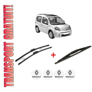 Set 3 stergatoare RENAULT KANGOO BE BOP (KW0/1_) din 2009 - 2012, pentru parbriz si luneta fata si spate auto, Bosch Twin, din cauciuc siliconat rezistent, 4 Stickere Auto RENAULT
