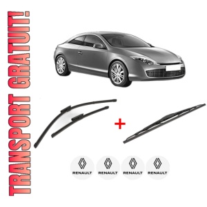Set 3 stergatoare RENAULT LAGUNA Coupe (DT0/1) din 2008 - 2015, pentru parbriz si luneta fata si spate auto, Valeo Silencio, din cauciuc siliconat rezistent, 4 Stickere Auto RENAULT