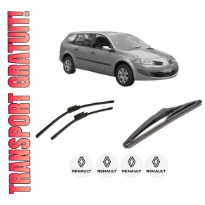Set 3 stergatoare RENAULT MEGANE II Estate Van (KM_) din 2003-2009, pentru parbriz si luneta fata si spate auto, Bosch Twin-Aerotwin, din cauciuc siliconat rezistent, 4 Stickere Auto RENAULT