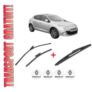 Set 3 stergatoare RENAULT MEGANE III Hatchback Van (BZ_) din 2008 - 2015, pentru parbriz si luneta fata si spate auto, Valeo Silencio, din cauciuc siliconat rezistent, 4 Stickere Auto RENAULT