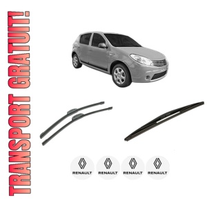 Set 3 stergatoare RENAULT SANDERO/STEPWAY I (BS_) din 2012, pentru parbriz si luneta fata si spate auto, Bosch Twin-Aerotwin Retrofit, din cauciuc siliconat rezistent, 4 Stickere Auto RENAULT