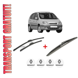 Set 3 stergatoare RENAULT SCENIC I MPV (JA0/1_, FA0_) din 1999 - 2003, pentru parbriz si luneta fata si spate auto, Bosch Twin, din cauciuc siliconat rezistent, 4 Stickere Auto RENAULT
