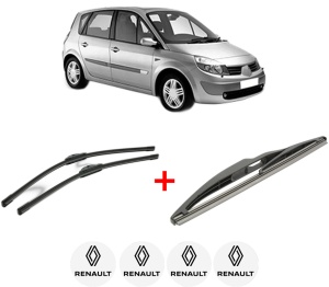 Set 3 stergatoare RENAULT SCENIC II (JM0/1_) din 2003 - 2009, pentru parbriz si luneta fata si spate auto, Bosch Twin, din cauciuc siliconat rezistent, 4 Stickere Auto RENAULT v7649