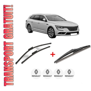 Set 3 stergatoare RENAULT TALISMAN Grandtour (KP_) din 2016 - 2022, pentru parbriz si luneta fata si spate auto, Valeo Silencio, din cauciuc siliconat rezistent, 4 Stickere Auto RENAULT