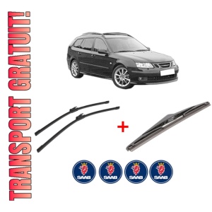 Set 3 stergatoare SAAB 9-3 Estate (E50) din 2005 - 2015, pentru parbriz si luneta fata si spate auto, Bosch Twin, din cauciuc siliconat rezistent, 4 Stickere Auto SAAB
