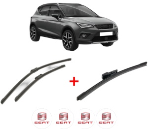 Set 3 stergatoare SEAT ARONA (KJ7, KJP) din 2017, pentru parbriz si luneta fata si spate auto, Bosch Aerotwin, din cauciuc siliconat rezistent, 4 Stickere Auto SEAT v5249
