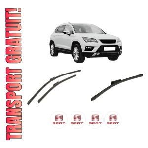 Set 3 stergatoare SEAT ATECA (KH7, KHP) din 2016-2021, pentru parbriz si luneta fata si spate auto, Bosch Aerotwin-Aerotwin, din cauciuc siliconat rezistent, 4 Stickere Auto SEAT
