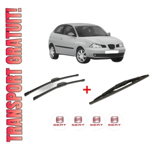 Set 3 stergatoare SEAT IBIZA III (6L1) din 2002 - 2009, pentru parbriz si luneta fata si spate auto, Bosch Twin, din cauciuc siliconat rezistent, 4 Stickere Auto SEAT