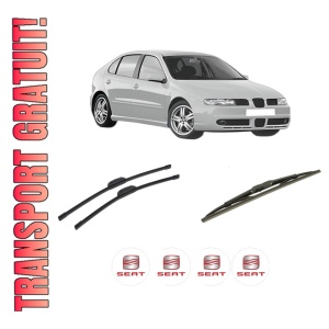 Set 3 stergatoare SEAT LEON (1M1) din 1999-2006, pentru parbriz si luneta fata si spate auto, Bosch Twin-Aerotwin Retrofit, din cauciuc siliconat rezistent, 4 Stickere Auto SEAT