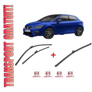 Set 3 stergatoare SEAT LEON (KL1, KLG) din 2019, pentru parbriz si luneta fata si spate auto, Valeo Silencio Xtrm, din cauciuc siliconat rezistent, 4 Stickere Auto SEAT
