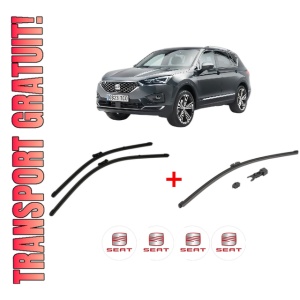 Set 3 stergatoare SEAT TARRACO (KN2) din 2018 - 2024, pentru parbriz si luneta fata si spate auto, Valeo HydroConnect, din cauciuc siliconat rezistent, 4 Stickere Auto SEAT