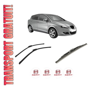 Set 3 stergatoare SEAT TOLEDO III (5P2) din 2004-2009, pentru parbriz si luneta fata si spate auto, Bosch Twin-Aerotwin, din cauciuc siliconat rezistent, 4 Stickere Auto SEAT