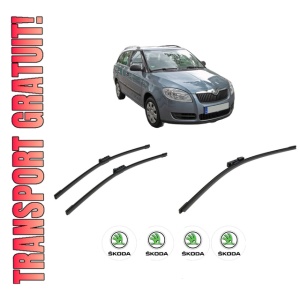 Set 3 stergatoare SKODA FABIA II Combi (545) din 2007-2014, pentru parbriz si luneta fata si spate auto, Bosch Aerotwin-Aerotwin, din cauciuc siliconat rezistent, 4 Stickere Auto SKODA