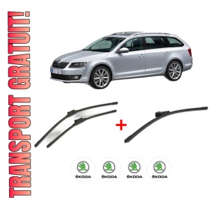 Set 3 stergatoare SKODA Octavia III Combi (5E5, 5E6) din 2012 - 2020, pentru parbriz si luneta fata si spate auto, Bosch Aerotwin, din cauciuc siliconat rezistent, 4 Stickere Auto SKODA