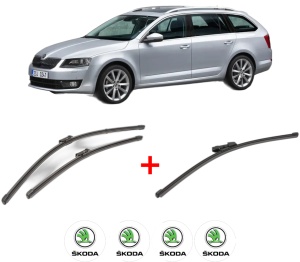 Set 3 stergatoare SKODA OCTAVIA III Combi (5E5, 5E6) din 2012 - 2020, pentru parbriz si luneta fata si spate auto, Valeo Silencio Xtrm, din cauciuc siliconat rezistent, 4 Stickere Auto SKODA v13528